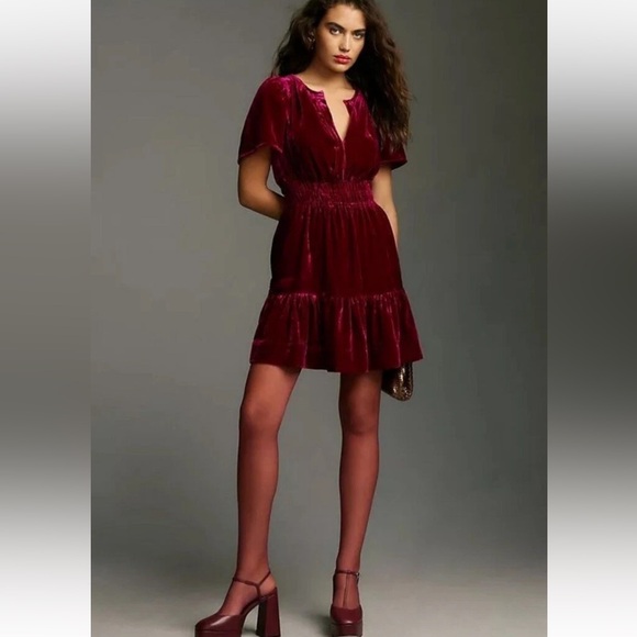 NWT Anthropologie Somerset Velvet Mini Dress in Deep Wine Women’s Small - Picture 2 of 7
